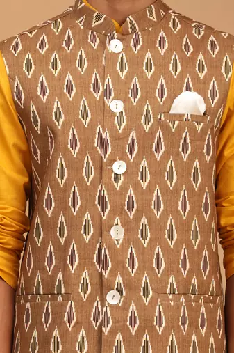 Mustard, Green And White Cotton Blend Jacket, Kurta And Pyjama Set