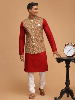 Maroon, Green And White Cotton Blend Jacket, Kurta And Pyjama Set 1