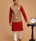 Men'S Maroon, Green And White Cotton Blend Jacket, Kurta And Pyjama Set