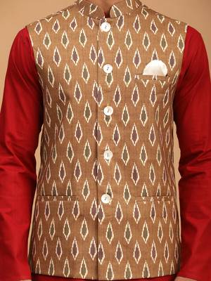 Maroon, Green And White Cotton Blend Jacket, Kurta And Pyjama Set 4