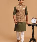 Men'S Green And White Cotton Blend Jacket, Kurta And Pyjama Set