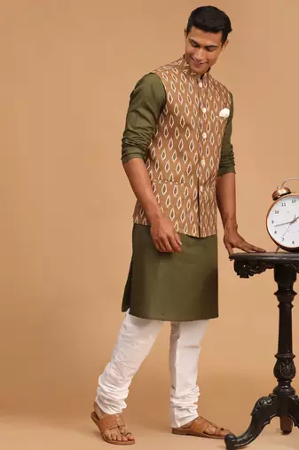 Green And White Cotton Blend Jacket, Kurta And Pyjama Set