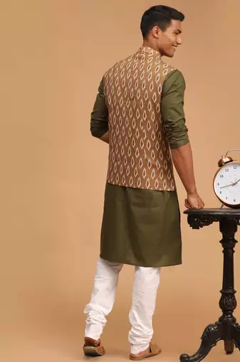 Green And White Cotton Blend Jacket, Kurta And Pyjama Set