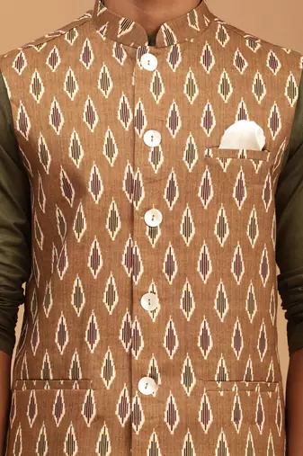 Green And White Cotton Blend Jacket, Kurta And Pyjama Set