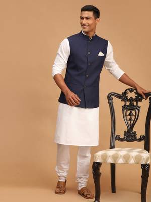 Navy Blue And White Cotton Blend Jacket, Kurta And Pyjama Set 1