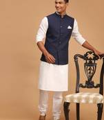 Men'S Navy Blue And White Cotton Blend Jacket, Kurta And Pyjama Set