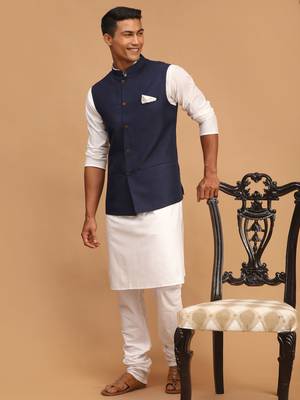 Navy Blue And White Cotton Blend Jacket, Kurta And Pyjama Set 2