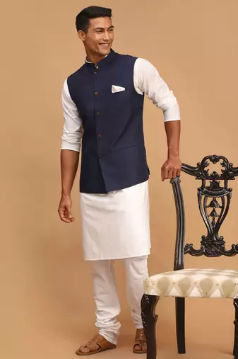 Navy Blue And White Cotton Blend Jacket, Kurta And Pyjama Set