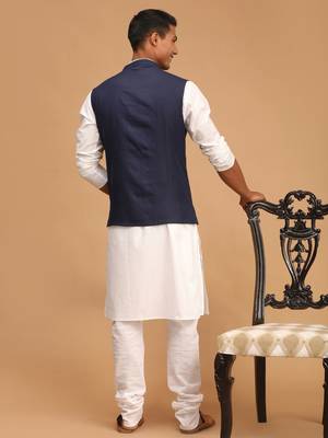 Navy Blue And White Cotton Blend Jacket, Kurta And Pyjama Set 3
