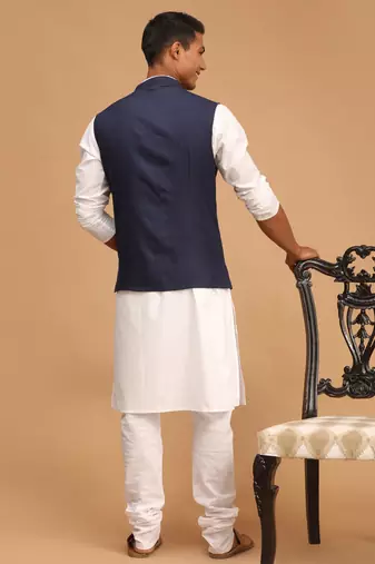 Navy Blue And White Cotton Blend Jacket, Kurta And Pyjama Set