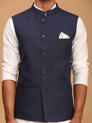 Navy Blue And White Cotton Blend Jacket, Kurta And Pyjama Set 4