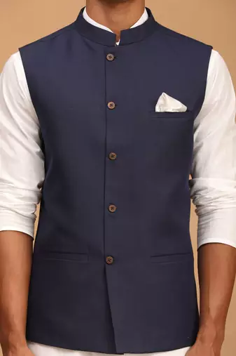 Navy Blue And White Cotton Blend Jacket, Kurta And Pyjama Set