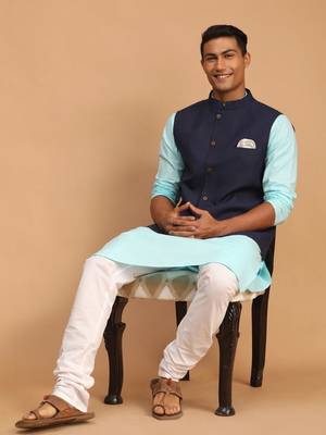 Aqua, Navy Blue And White Cotton Blend Jacket, Kurta And Pyjama Set 1