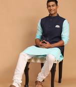 Aqua, Navy Blue And White Cotton Blend Jacket, Kurta And Pyjama Set