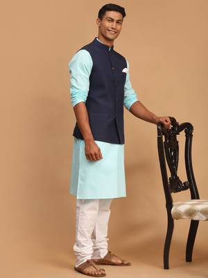 Aqua, Navy Blue And White Cotton Blend Jacket, Kurta And Pyjama Set 2