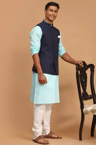 Aqua, Navy Blue And White Cotton Blend Jacket, Kurta And Pyjama Set