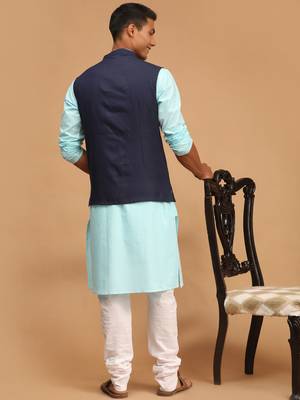 Aqua, Navy Blue And White Cotton Blend Jacket, Kurta And Pyjama Set 3