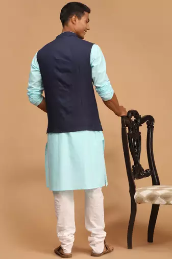Aqua, Navy Blue And White Cotton Blend Jacket, Kurta And Pyjama Set