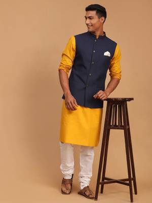 Mustard, Navy Blue And White Cotton Blend Jacket, Kurta And Pyjama Set 1