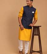 Men'S Mustard, Navy Blue And White Cotton Blend Jacket, Kurta And Pyjama Set