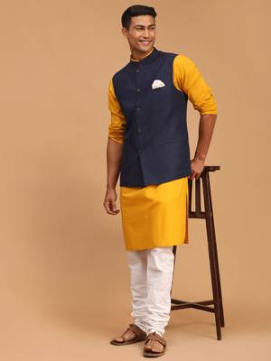 Mustard, Navy Blue And White Cotton Blend Jacket, Kurta And Pyjama Set 2