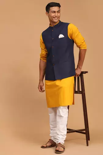 Mustard, Navy Blue And White Cotton Blend Jacket, Kurta And Pyjama Set
