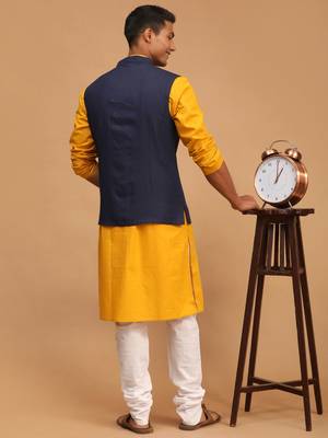Mustard, Navy Blue And White Cotton Blend Jacket, Kurta And Pyjama Set 3