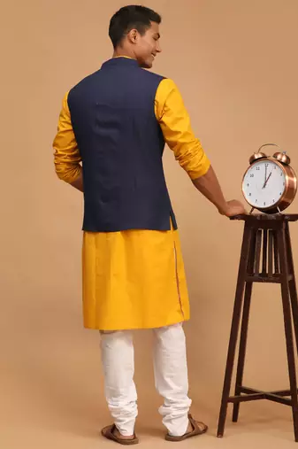 Mustard, Navy Blue And White Cotton Blend Jacket, Kurta And Pyjama Set