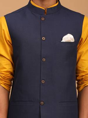 Mustard, Navy Blue And White Cotton Blend Jacket, Kurta And Pyjama Set 4