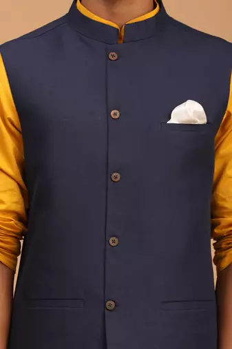 Mustard, Navy Blue And White Cotton Blend Jacket, Kurta And Pyjama Set