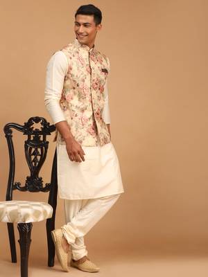 mens cream viscose nehru jacket, kurta and pyjama set 1