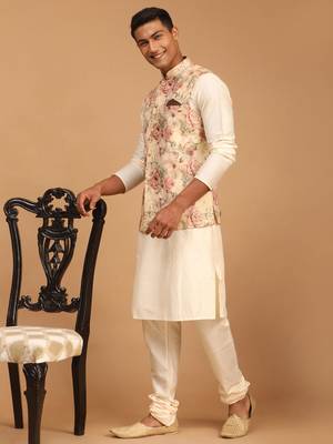 mens cream viscose nehru jacket, kurta and pyjama set 2