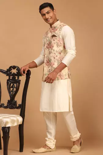 mens cream viscose nehru jacket, kurta and pyjama set