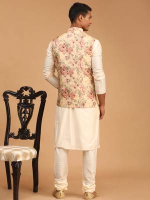mens cream viscose nehru jacket, kurta and pyjama set 3