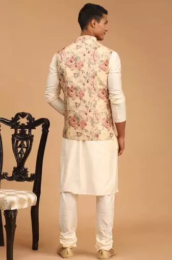 mens cream viscose nehru jacket, kurta and pyjama set
