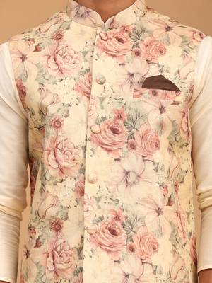 mens cream viscose nehru jacket, kurta and pyjama set 4