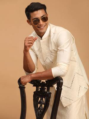 Cream Viscose Jacket, Kurta And Pyjama Set 1