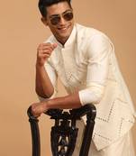 Men'S Cream Viscose Jacket, Kurta And Pyjama Set