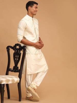 Cream Viscose Jacket, Kurta And Pyjama Set 2