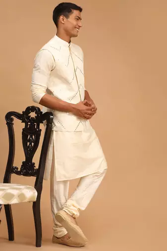 Cream Viscose Jacket, Kurta And Pyjama Set