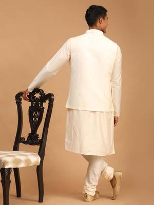 Cream Viscose Jacket, Kurta And Pyjama Set 3