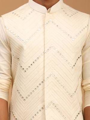 Cream Viscose Jacket, Kurta And Pyjama Set 4