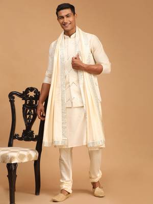  Cream Viscose Embroidered Traditional Kurta Pajama Set for Men 1