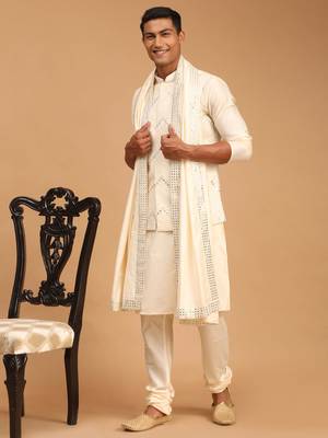  Cream Viscose Embroidered Traditional Kurta Pajama Set for Men 2