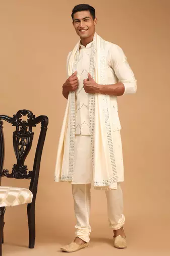  Cream Viscose Embroidered Traditional Kurta Pajama Set for Men
