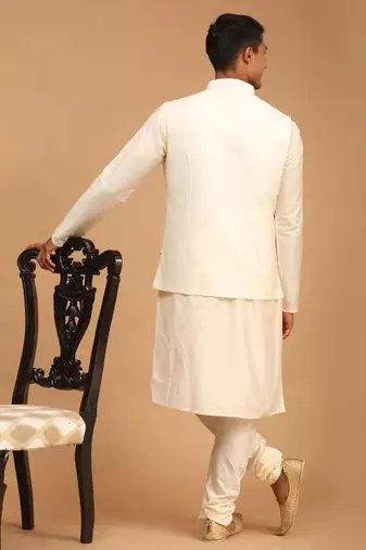  Cream Viscose Embroidered Traditional Kurta Pajama Set for Men