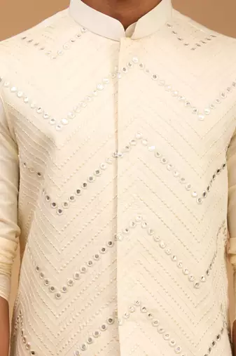  Cream Viscose Embroidered Traditional Kurta Pajama Set for Men