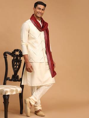Cream Viscose Jacket, Kurta And Pyjama Set 2