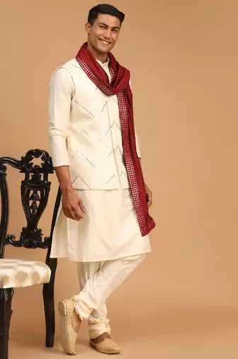 Cream Viscose Jacket, Kurta And Pyjama Set
