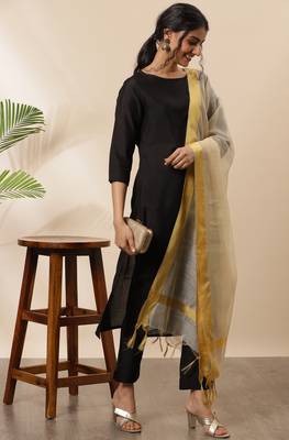 Black Silk Plain A-Line Kurta Trouser Set with Dupatta 1